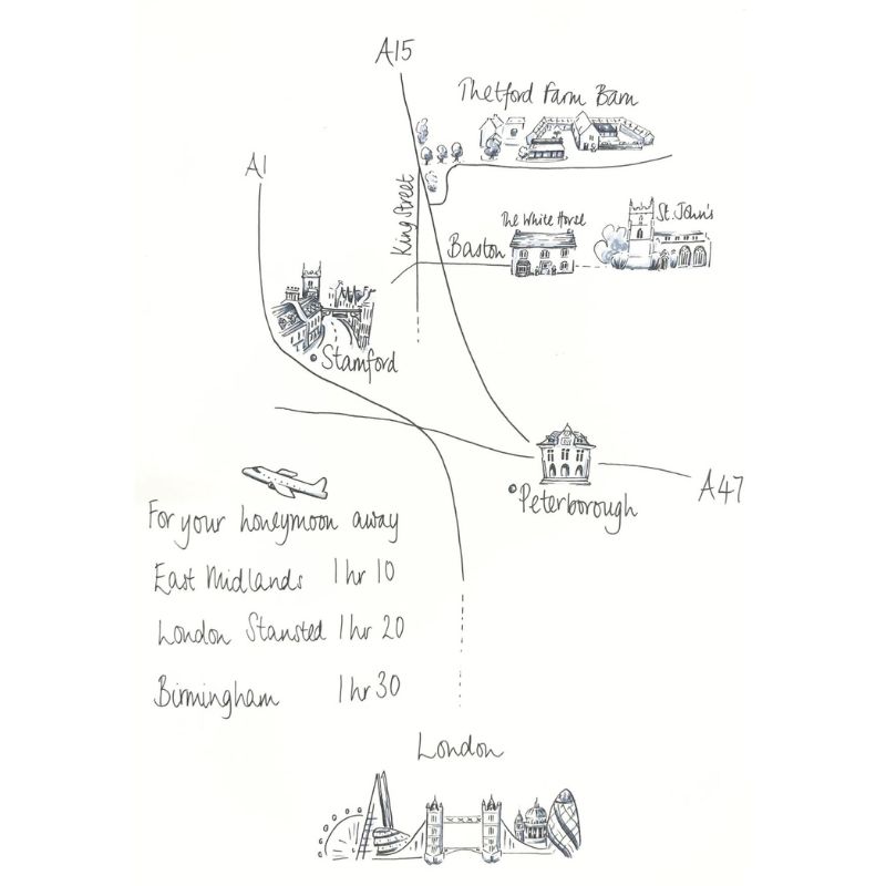 Hand drawn image of Thetford Barn and surrounding areas such as Stamford.